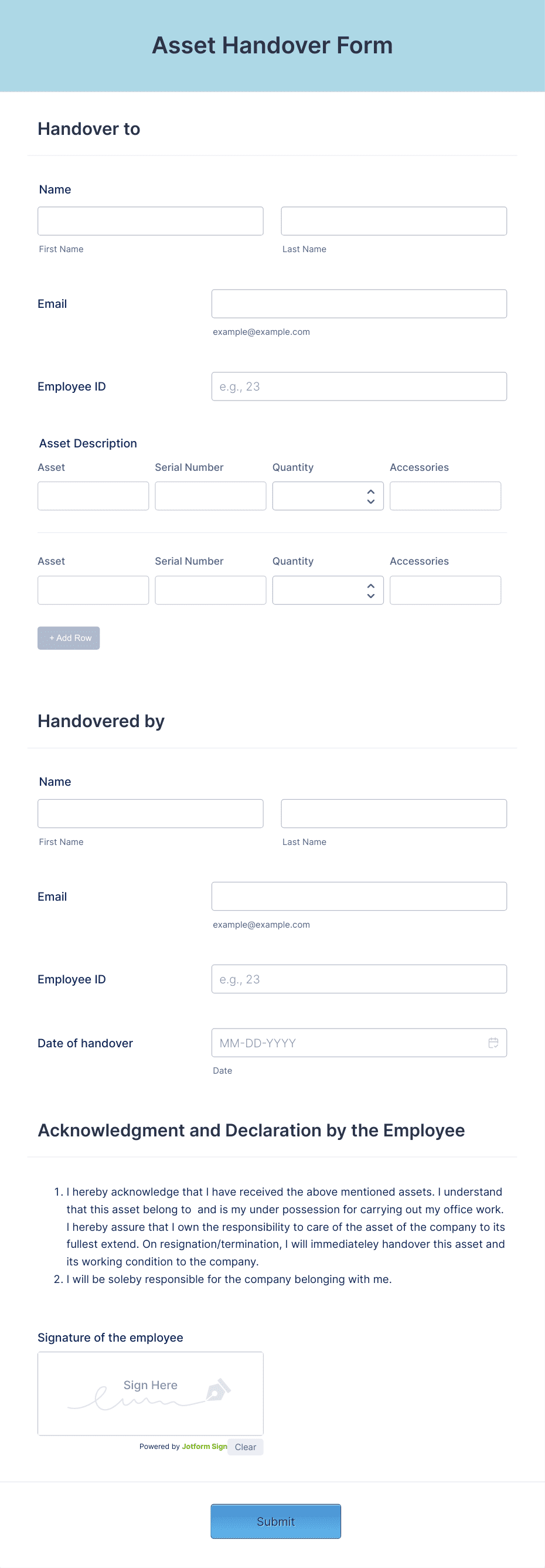 Asset Handover Form Template Jotform