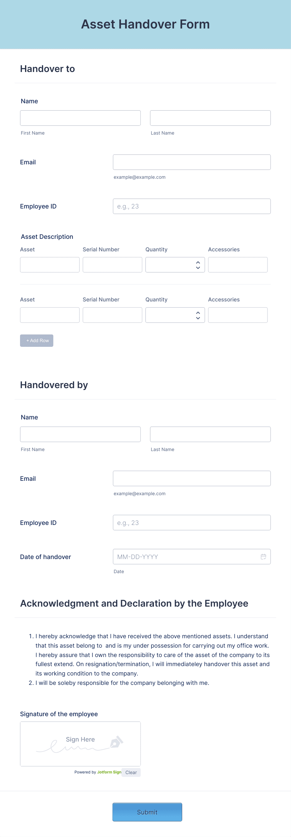 Asset Handover Form Template | Jotform
