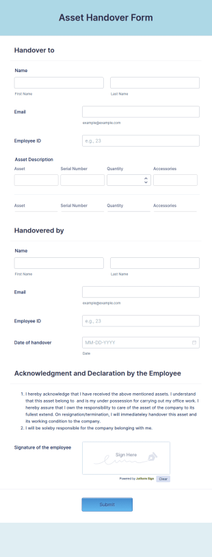 Asset Handover Form Template