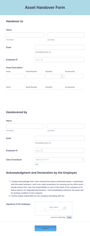 Asset Handover Form Template