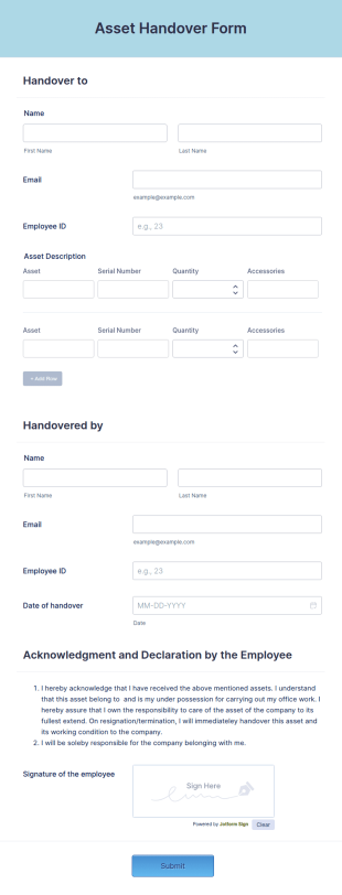 Asset Handover Form Template