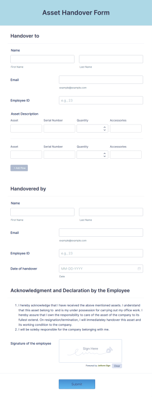 Asset Handover Form Template