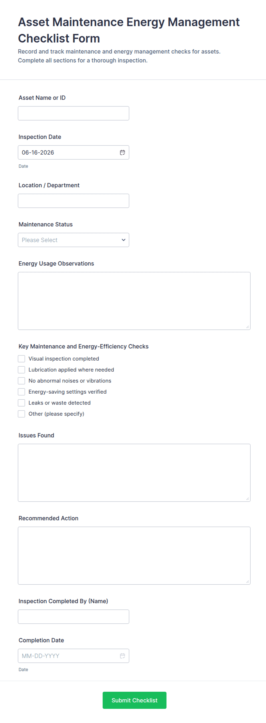 Asset Maintenance Energy Management Checklist Form Template | Jotform