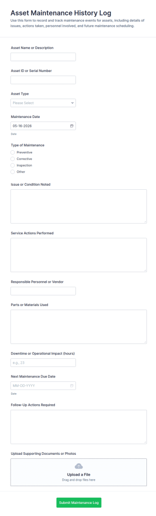 Asset Maintenance History Log Form Template