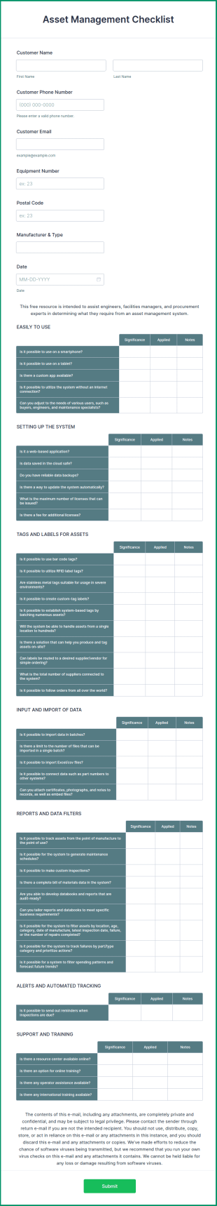 Asset Management Checklist Form Template