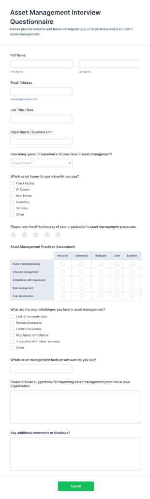 Asset Management Interview Questionnaire Form Template