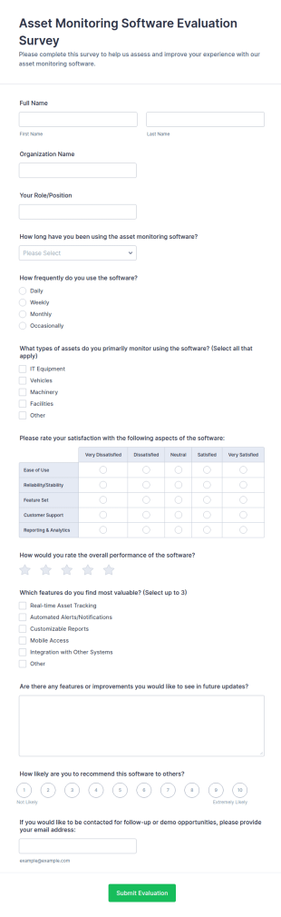 Asset Monitoring Software Evaluation Survey Form Template