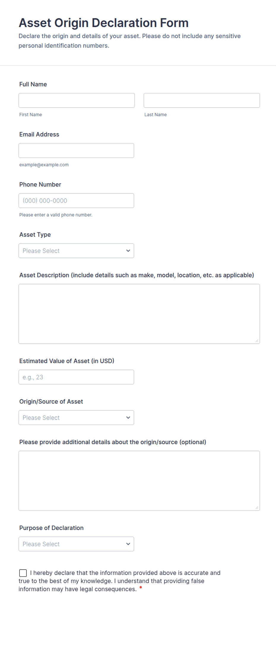 Asset Origin Declaration Form Template | Jotform