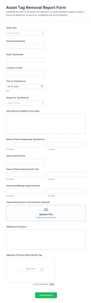 Asset Tag Removal Report Form Template