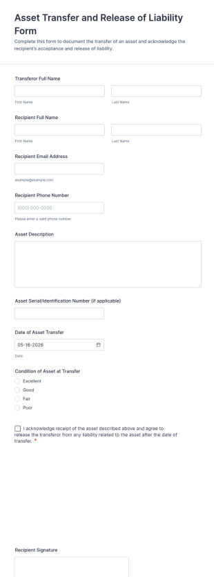 Asset Transfer And Liability Release Form Template
