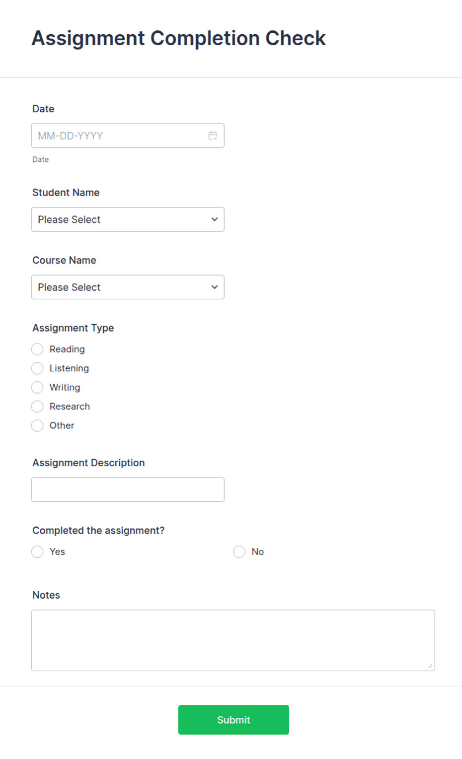Check Completion Example Assignment Completion Check Form Template | Jotform