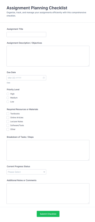 Assignment Planning Checklist Form Template