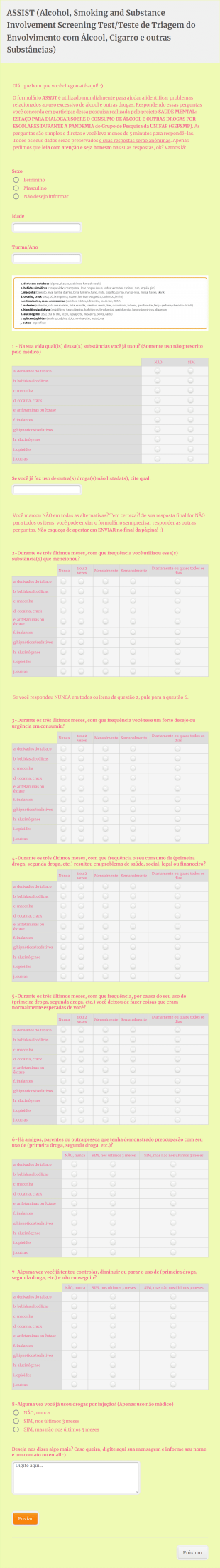 Teste De Triagem Do Envolvimento Com Álcool, Cigarro E Outras Substâncias (ASSIST) Form Template