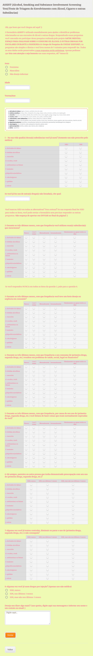 Teste De Triagem Do Envolvimento Com Álcool, Cigarro E Outras Substâncias (ASSIST)