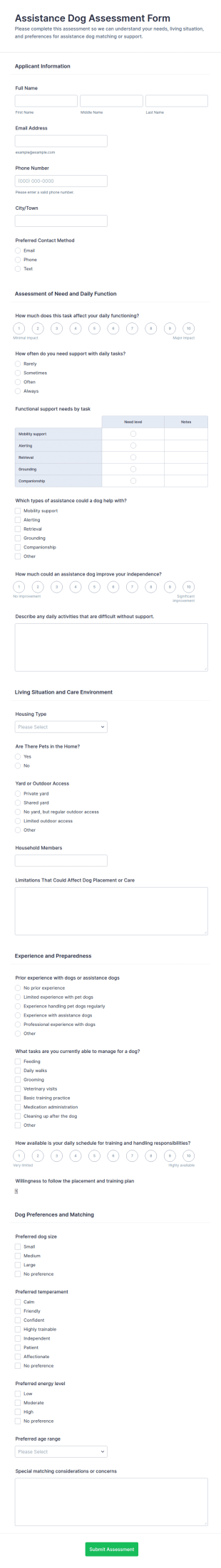 Assistance Dog Assessment Form Template