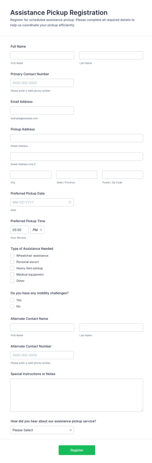 Assistance Pickup Registration Form Template
