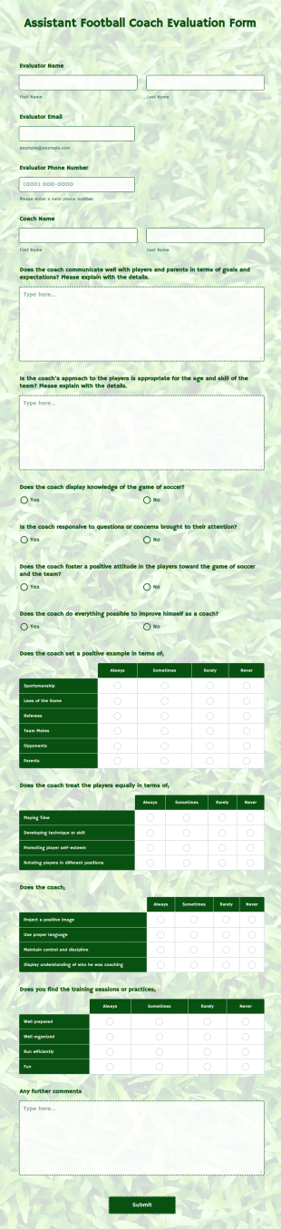 Assistant Football Coach Evaluation Form Template