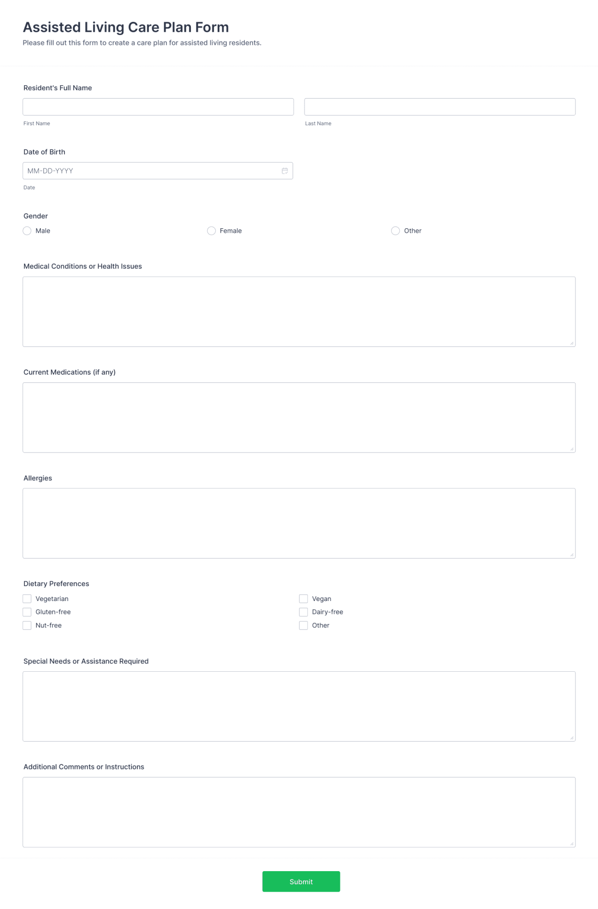 Assisted Living Care Plan Form Template | Jotform