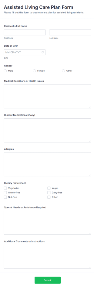 Assisted Living Care Plan Form Template