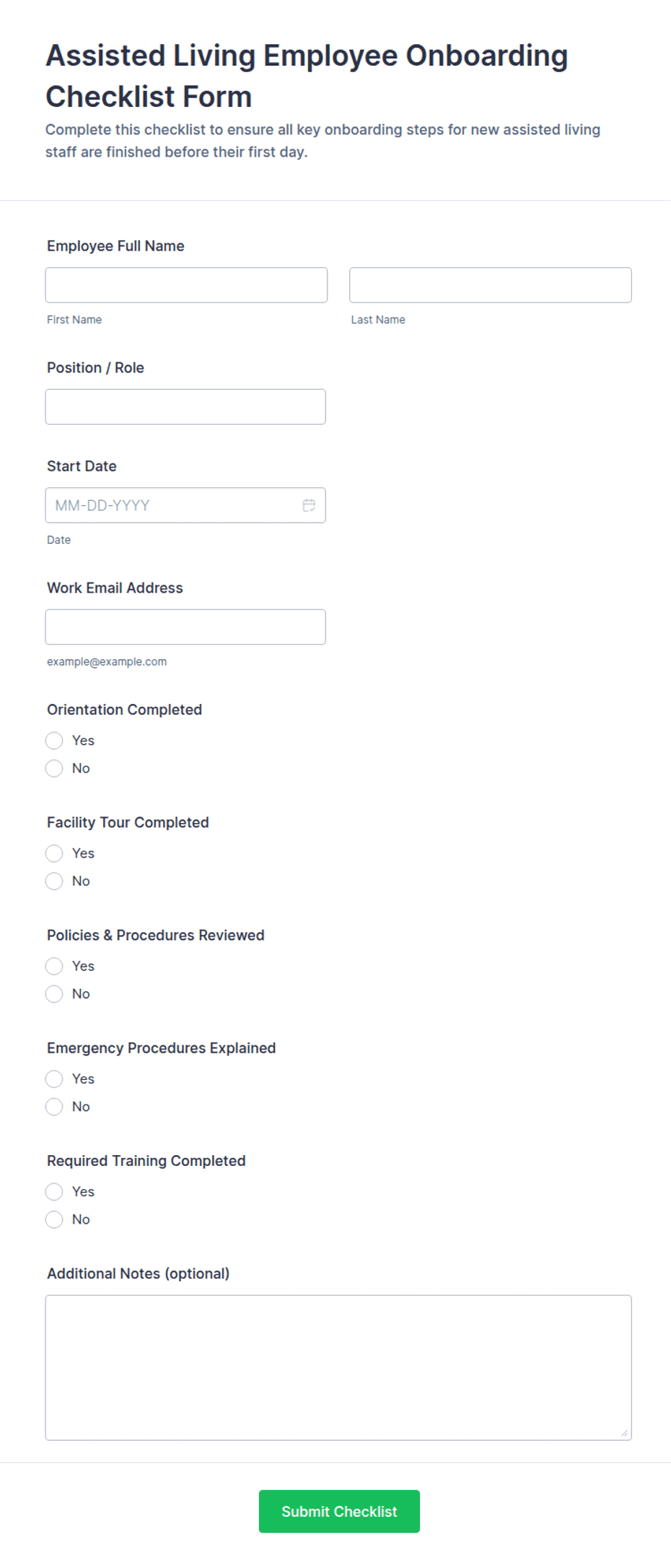 Assisted Living Employee Onboarding Checklist Form Template | Jotform
