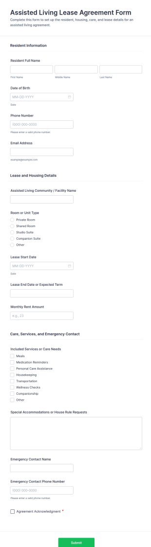 Assisted Living Lease Agreement Form Template