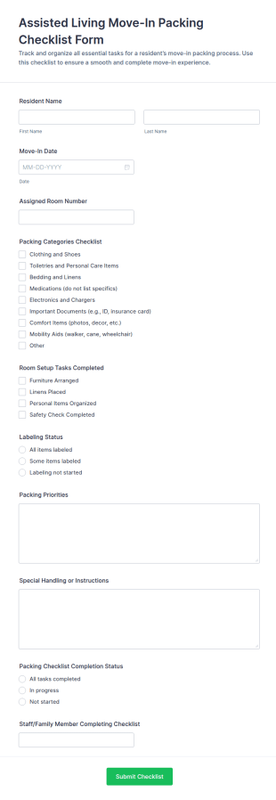Assisted Living Move In Packing Checklist Form Template