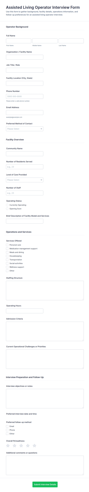 Assisted Living Operator Interview Form Template