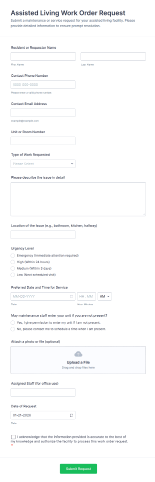 Assisted Living Work Order Request Form Template
