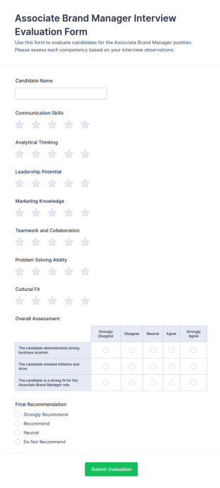 Associate Brand Manager Interview Evaluation Form Template