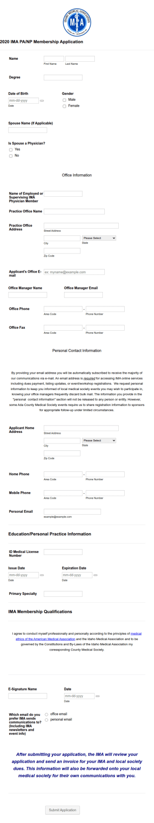 2020 IMA PANP Association Membership Application Form Template