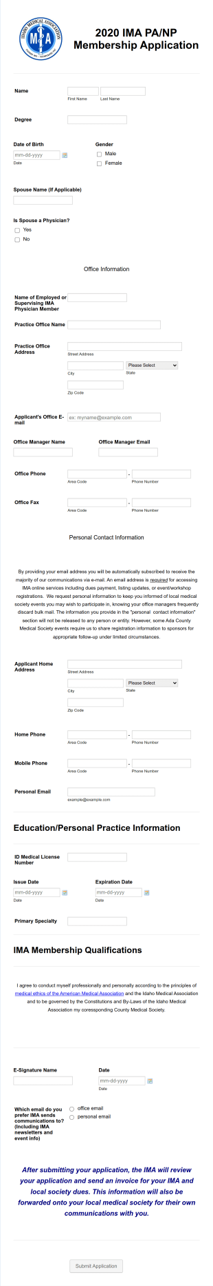 2020 IMA PANP Association Membership Application Form Template