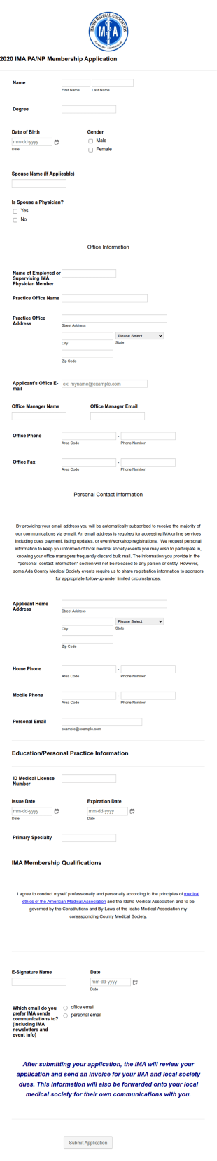 2020 IMA PANP Association Membership Application Form Template