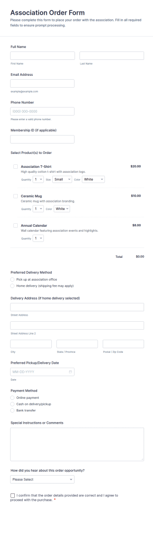 Association Order Form Template
