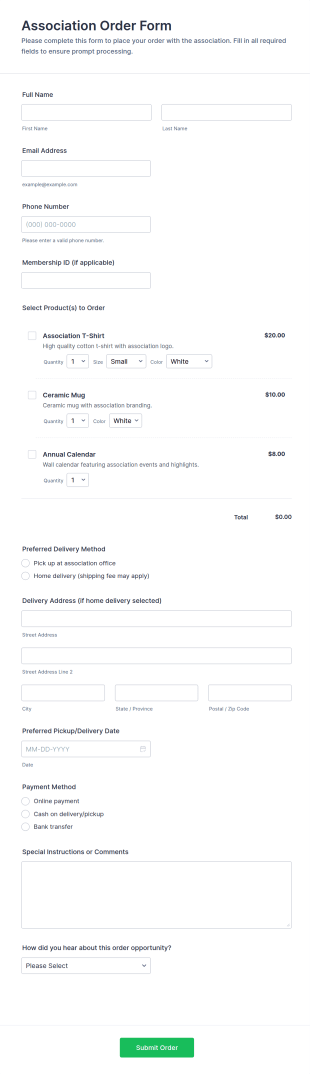 Association Order Form Template