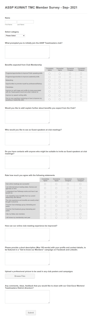 ASSP Toastmasters Club Member Survey Sep 2021 Form Template