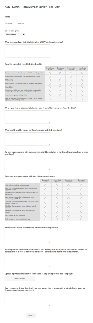 ASSP Toastmasters Club Member Survey Sep 2021 Form Template