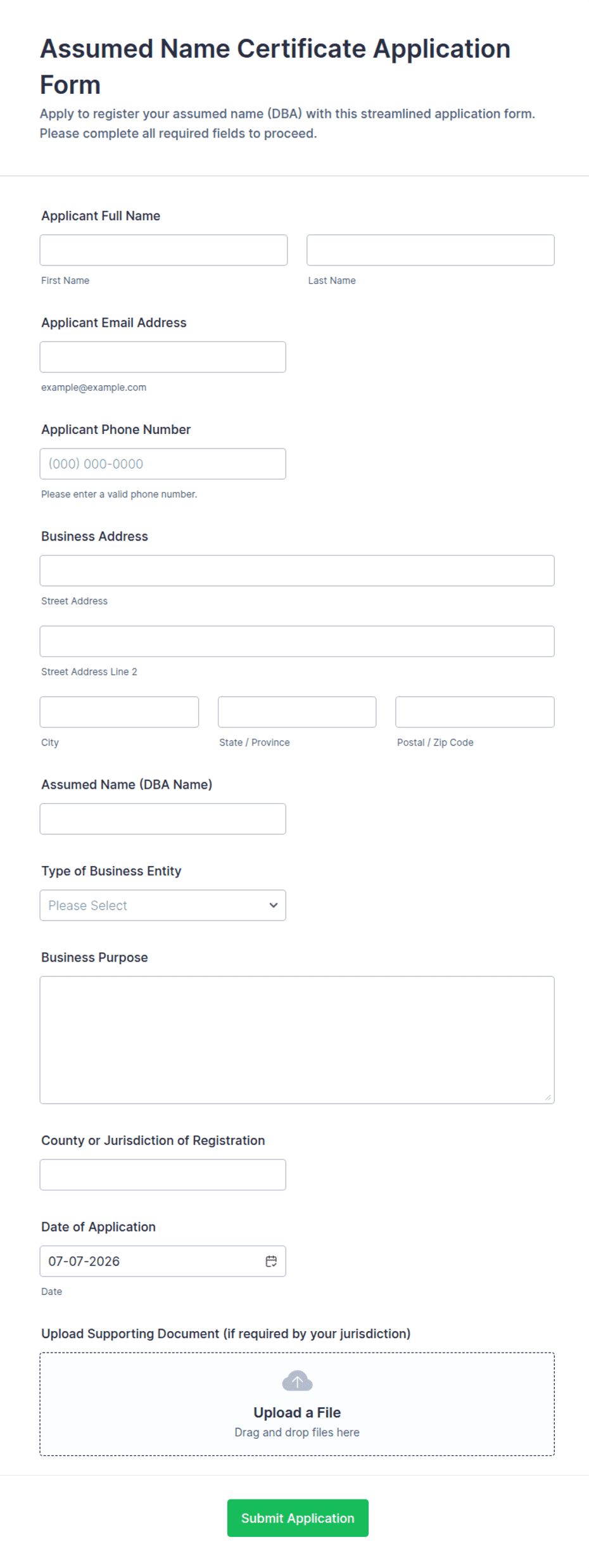 Assumed Name Certificate Application Form Template | Jotform
