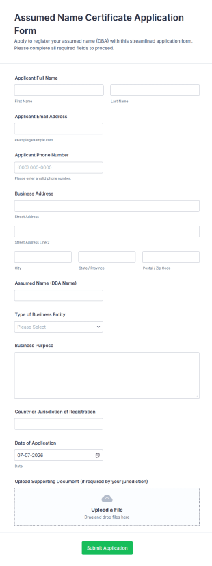 Assumed Name Certificate Application Form Template