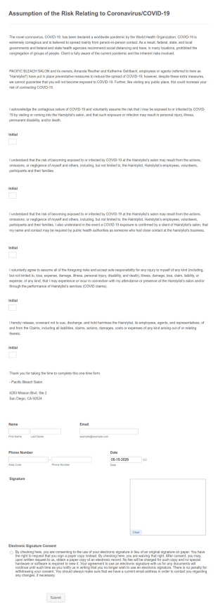 Assumption Of Risk Form Template