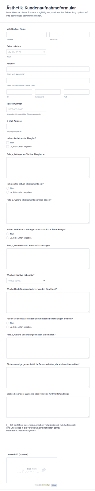 Kund:innenaufnahmeformular Für ästhetische Behandlungen
