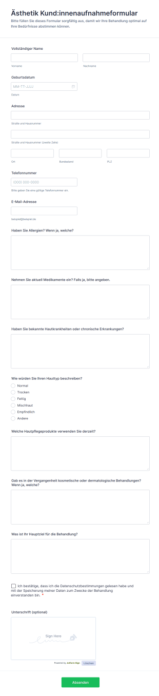 Kund:innenaufnahmeformular Für ästhetische Behandlungen