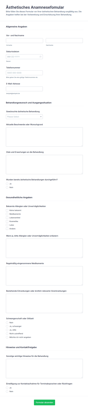 Ästhetische Medizinische Anamnese Fragebogen