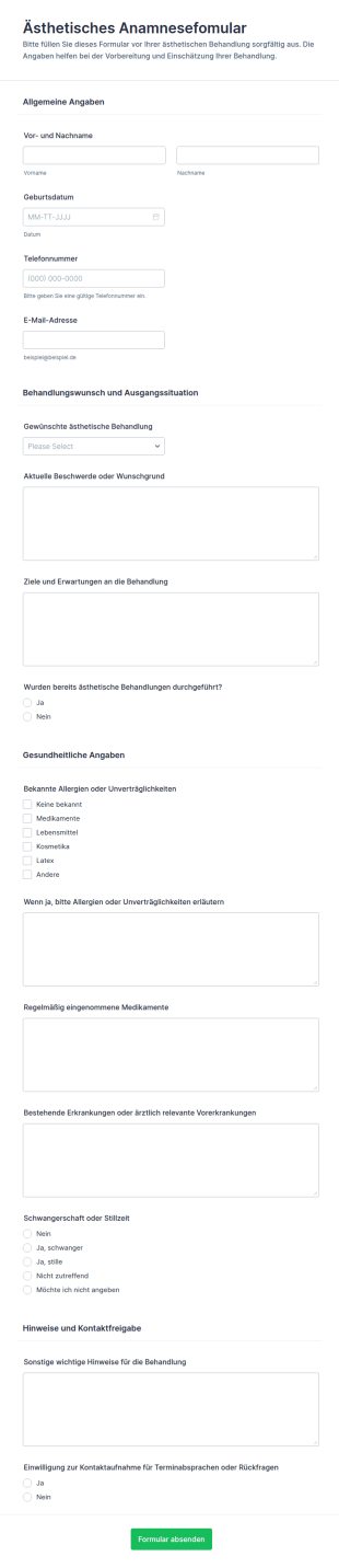 Ästhetische Medizinische Anamnese Fragebogen