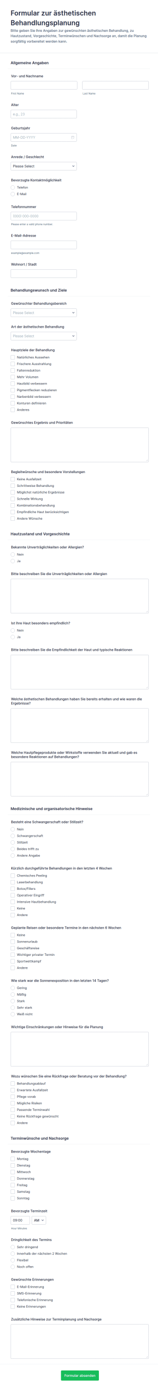 Ästhetischer Behandlungsplan Fragebogen