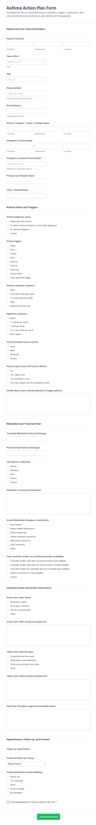 Asthma Action Plan Form Template