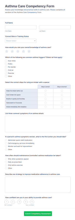 Asthma Care Competency Form Template