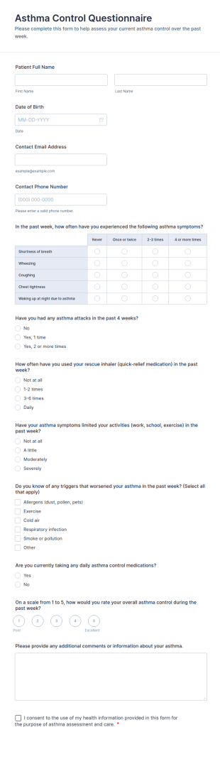 Asthma Control Questionnaire Form Template