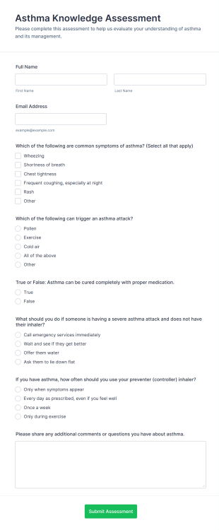 Asthma Knowledge Assessment Form Template