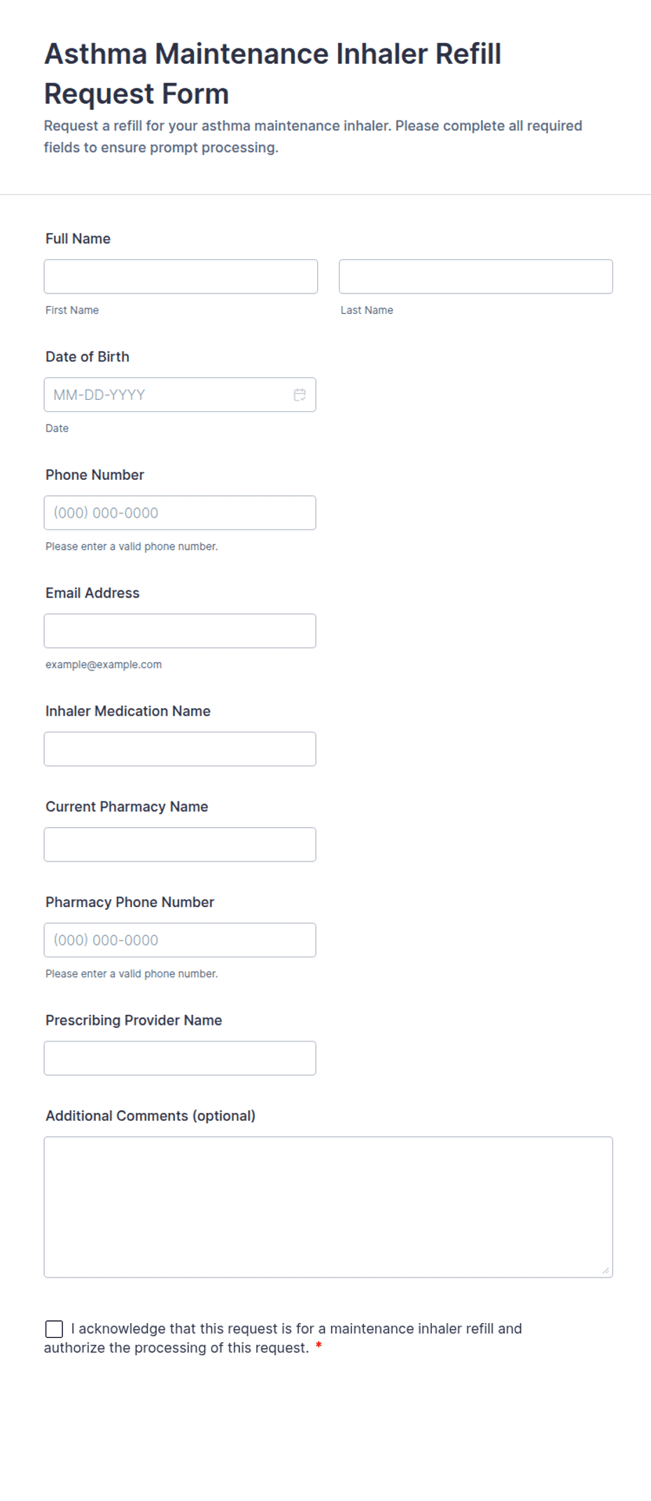 Asthma Maintenance Inhaler Refill Request Form Template | Jotform