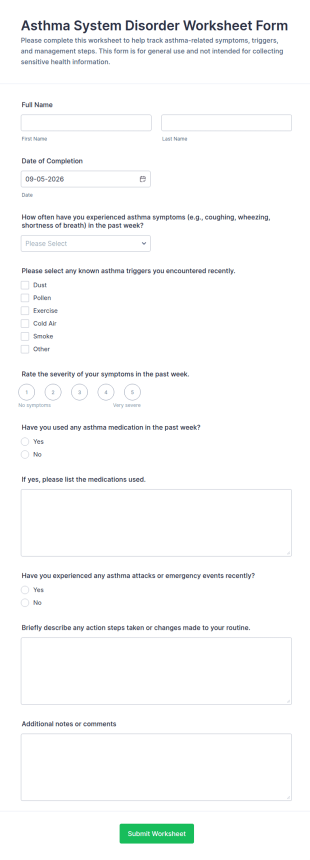 Asthma System Disorder Worksheet Form Template